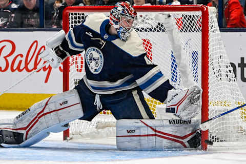 Nov 20, 2022; Columbus, Ohio, USA; Columbus Blue Jackets goaltender Daniil Tarasov (40) stretches out to make a save against Florida Panthers defenseman Gustav Forsling (42) in the second period at Nationwide Arena. Mandatory Credit: Gaelen Morse-USA TODAY Sports