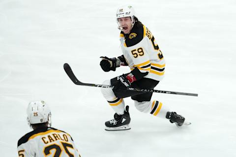 Apr 23, 2023; Sunrise, Florida, USA; Boston Bruins left wing Tyler Bertuzzi (  Mandatory Credit: Jasen Vinlove-USA TODAY Sports