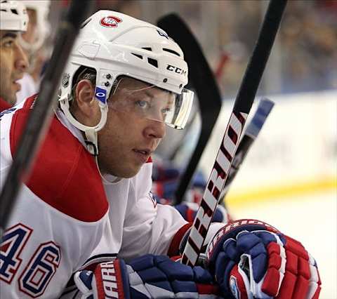 Feb 17, 2012; Buffalo, NY, USA; Montreal Canadiens right wing Andrei Kostitsyn (46) during a game against the Buffalo Sabres at the First Niagara Center. Mandatory Credit: Timothy T. Ludwig-US PRESSWIRE