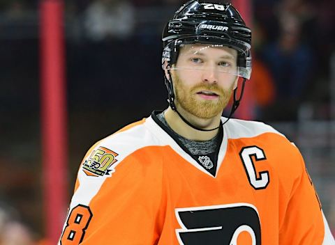 Dec 19, 2016; Philadelphia, PA, USA; Philadelphia Flyers center Claude Giroux (28) during the first period against the Nashville Predators at Wells Fargo Center. The Predators defeated the Flyers, 2-1 in a shootout. Mandatory Credit: Eric Hartline-USA TODAY Sports