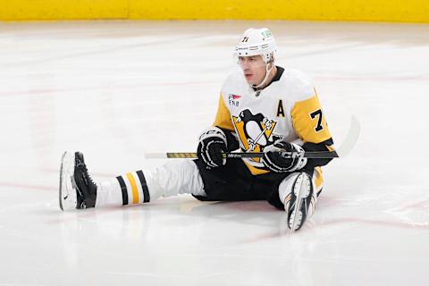 SUNRISE, FL – DECEMBER 8: Evgeni Malkin #71 of the Pittsburgh Penguins stretches prior to the game against the Florida Panthers at the Amerant Bank Arena on December 8, 2023 in Sunrise, Florida. (Photo by Joel Auerbach/Getty Images)