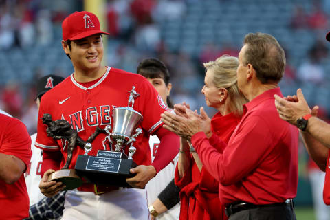 Shohei Ohtani receives a team MVP trophy. Kiyoshi Mio-USA TODAY Sports