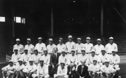 The 1931 Athletics.  Manager Connie Mack, middle row is in street clothes. Jimmy Foxx is front row, third from left. Al Simmons is middle row, fourth from right, and Lefty Grove  is middle row, far left. (Photo by Mark Rucker/Transcendental Graphics, Getty Images)