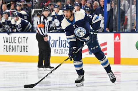 COLUMBUS, OH – DECEMBER 4: Seth Jones #3 of the Columbus Blue Jackets skates against the Calgary Flames on December 4, 2018 at Nationwide Arena in Columbus, Ohio. (Photo by Jamie Sabau/NHLI via Getty Images)