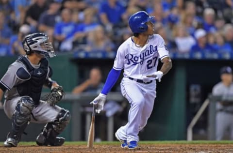 Aug 31, 2016; Kansas City, MO, USA; Kansas City Royals second basemen Raul Mondesi (27) at bat against the New York Yankees during the fourth inning at Kauffman Stadium. Mandatory Credit: Peter G. Aiken-USA TODAY Sports