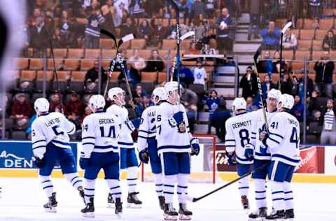 TORONTO, ON – NOVEMBER 25: The Toronto Marlies celebrate their win over the Belleville Senators during AHL game action on November 25, 2017 at Air Canada Centre in Toronto, Ontario, Canada. (Photo by Graig Abel/Getty Images)