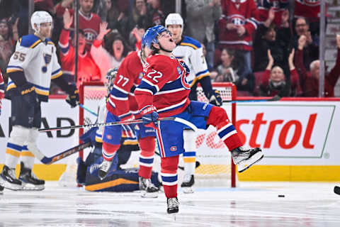 MONTREAL, CANADA – JANUARY 07: Cole Caufield #22 of the Montreal Canadiens celebrates his goal during the third period against the St. Louis Blues at Centre Bell on January 7, 2023 in Montreal, Quebec, Canada. (Photo by Minas Panagiotakis/Getty Images)