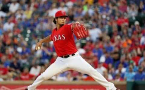 Jun 8, 2016; Arlington, TX, USA; Texas Rangers starting pitcher Yu Darvish (11) throws during the game against the Houston Astros at Globe Life Park in Arlington. Mandatory Credit: Kevin Jairaj-USA TODAY Sports