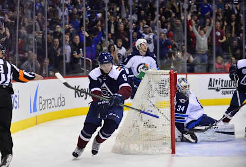 Feb 6, 2016; Denver, CO, USA; Colorado Avalanche center Matt Duchene (9) celebrates his goal past Winnipeg Jets goalie Michael Hutchinson (34) in the second period at the Pepsi Center. Mandatory Credit: Ron Chenoy-USA TODAY Sports