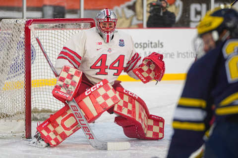 Feb 18, 2023; Cleveland, Ohio, USA; Jakub Dobes (44) during the Faceoff on the Lake outdoor NCAA men’s hockey game. Mandatory Credit: Adam Cairns-The Columbus DispatchHockey Ncaa Men S Hockey Michigan Wolverines At Ohio State Buckeyes