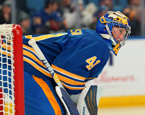 BUFFALO, NY – FEBRUARY 17: Craig Anderson #41 of the Buffalo Sabres during the game against the Ottawa Senators at KeyBank Center on February 17, 2022 in Buffalo, New York. (Photo by Kevin Hoffman/Getty Images)