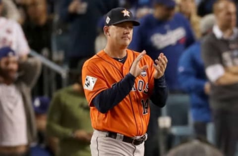 LOS ANGELES, CA – NOVEMBER 01: Manager A.J. Hinch of the Houston Astros reacts during the fifth inning in game seven of the 2017 World Series against the Los Angeles Dodgers at Dodger Stadium on November 1, 2017, in Los Angeles, California. (Photo by Christian Petersen/Getty Images)