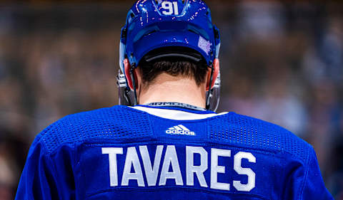 TORONTO, ON - NOVEMBER 07: John Tavares #91 of the Toronto Maple Leafs looks on against the Vegas Golden Knights during the third period at the Scotiabank Arena on November 7, 2019 in Toronto, Ontario, Canada. (Photo by Mark Blinch/NHLI via Getty Images)