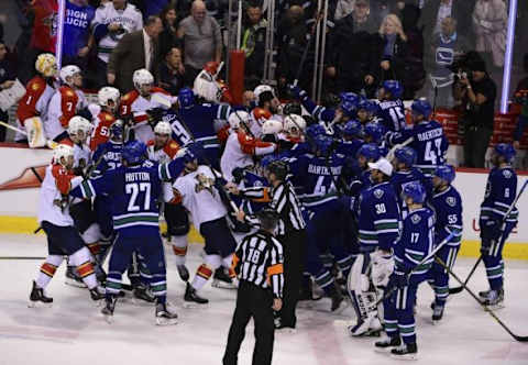 Jan 11, 2016; Vancouver, British Columbia, CAN; The Florida Panthers and Vancouver Canucks benches clear and fight after overtime at Rogers Arena. The Vancouver Canucks won 3-2 in overtime. Mandatory Credit: Anne-Marie Sorvin-USA TODAY Sports