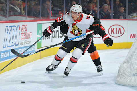 PHILADELPHIA, PA – DECEMBER 07: Tyler Ennis #63 of the Ottawa Senators fights off a Philadelphia Flyers defender in the first period at Wells Fargo Center on December 7, 2019 in Philadelphia, Pennsylvania. (Photo by Drew Hallowell/Getty Images)