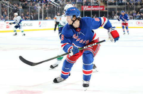 NEW YORK, NY – OCTOBER 20: Jacob Trouba #8 of the New York Rangers skates against the Vancouver Canucks at Madison Square Garden on October 20, 2019 in New York City. (Photo by Jared Silber/NHLI via Getty Images)