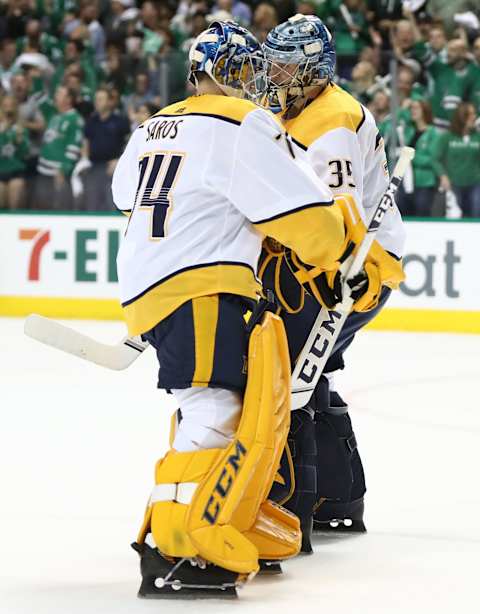 Pekka Rinne #35 of the Nashville Predators talks (Photo by Ronald Martinez/Getty Images)