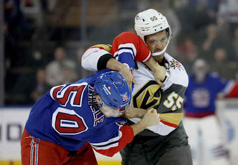 NEW YORK, NEW YORK – JANUARY 27: Keegan Kolesar #55 of the Vegas Golden Knights and Will Cuylle #50 of the New York Rangers fight in the second period at Madison Square Garden on January 27, 2023, in New York City. (Photo by Elsa/Getty Images)