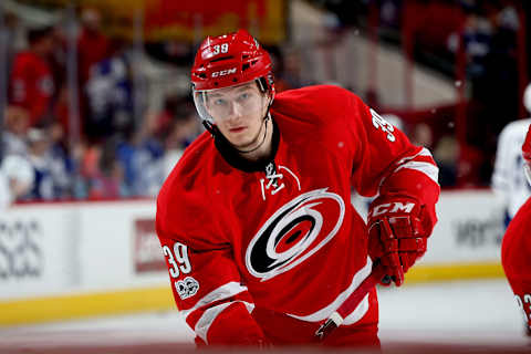 RALEIGH, NC – MARCH 11: Valentin Zykov #86 of the Carolina Hurricanes shoots a puck during warmups prior to an NHL game against the Toronto Maple Leafs on March 11, 2017 at PNC Arena in Raleigh, North Carolina. (Photo by Gregg Forwerck/NHLI via Getty Images)