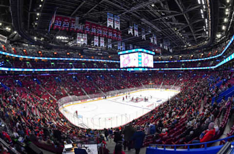 MONTREAL, QC – FEBRUARY 21: Fans fill in the arena at half capacity prior to the opening face-off between the Montreal Canadiens and the Toronto Maple Leafs at Centre Bell on February 21, 2022 in Montreal, Canada. (Photo by Minas Panagiotakis/Getty Images)