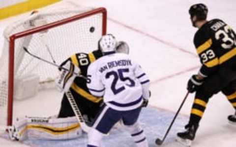 BOSTON – DECEMBER 10: Toronto Maple Leafs left wing James van Riemsdyk (25) goes top shelf over Boston Bruins goalie Tuukka Rask (40) for the 3-1 lead in the third period. The Boston Bruins host the Toronto Maple Leafs at TD Garden in Boston on Dec. 10. 2016. (Photo by Barry Chin/The Boston Globe via Getty Images)