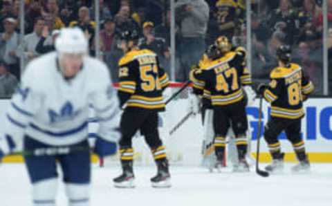 Oct 22, 2019; Boston, MA, USA; Boston Bruins defenseman Torey Krug (47) congratulates goaltender Tuukka Rask (40) after defeating the Toronto Maple Leafs at TD Garden. Mandatory Credit: Bob DeChiara-USA TODAY Sports