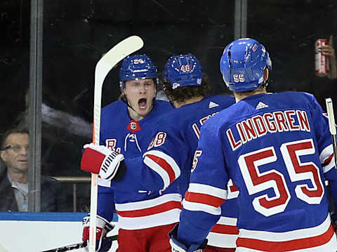 Kaapo Kakko #24 of the New York Rangers celebrates his first period goal. (Photo by Bruce Bennett/Getty Images)