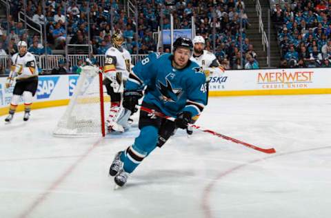 SAN JOSE, CA: Tomas Hertl #48 of the San Jose Sharks skates against the Vegas Golden Knights in Game Six of the 2018 Western Conference Playoffs Second Round on May 6, 2018. (Photo by Rocky W. Widner/NHL/Getty Images)