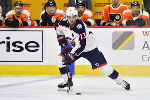 Apr 11, 2023; Philadelphia, Pennsylvania, USA; Columbus Blue Jackets left wing Johnny Gaudreau (13) against the Philadelphia Flyers at Wells Fargo Center. Mandatory Credit: Eric Hartline-USA TODAY Sports