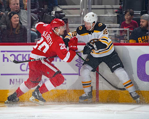 DETROIT, MI – NOVEMBER 08: Dylan McIlrath #20 of the Detroit Red Wings battles along the boards with Zach Senyshyn #19 of the Boston Bruins during an NHL game at Little Caesars Arena on November 8, 2019 in Detroit, Michigan. Detroit defeated Boston 4-2. (Photo by Dave Reginek/NHLI via Getty Images)