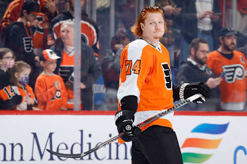 PHILADELPHIA, PENNSYLVANIA – MARCH 20: Owen Tippett #74 of the Philadelphia Flyers looks on before playing against the New York Islanders at Wells Fargo Center on March 20, 2022 in Philadelphia, Pennsylvania. (Photo by Tim Nwachukwu/Getty Images)