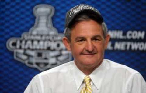 Los Angeles Kings head coach Darryl Sutter at a press conference after defeating the New Jersey Devils 6-1 in game six of the 2012 Stanley Cup Finals at the Staples Center. The Kings won the series four games to two. Mandatory Credit: Kirby Lee/Image of Sport-USA TODAY Sports