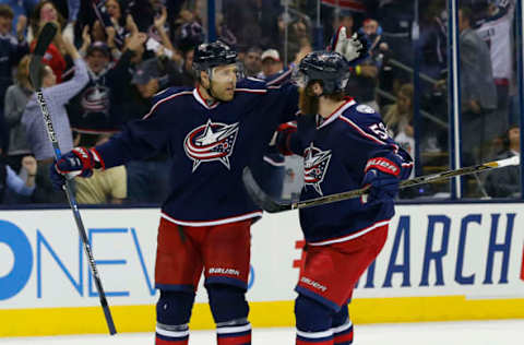 Columbus Blue Jackets defenseman Jack Johnson (7) in the Columbus home (Russell LaBounty-USA TODAY Sports)