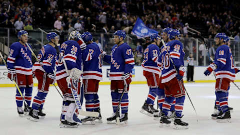 NEW YORK, NY – OCTOBER 31: Members of the New York Rangers celebrate their 6-4 win against the Vegas Golden Knights after their game at Madison Square Garden on October 31, 2017 in New York City. (Photo by Abbie Parr/Getty Images)