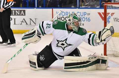 May 3, 2016; St. Louis, MO, USA; Dallas Stars goalie Antti Niemi (31) makes a gloves save against the St. Louis Blues during the second period in game three of the second round of the 2016 Stanley Cup Playoffs at Scottrade Center. Mandatory Credit: Jasen Vinlove-USA TODAY Sports