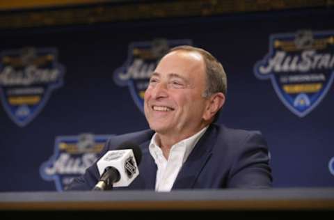 ST LOUIS, MISSOURI – JANUARY 24: Commissioner Gary Bettman speaks to the media prior to the 2020 NHL All-Star Skills Competition at Enterprise Center on January 24, 2020 in St Louis, Missouri. (Photo by Bruce Bennett/Getty Images)