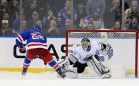 NEW YORK, NY – JANUARY 24: Adam Fox #23 of the New York Rangers scores the game-winning goal against Jonathan Quick #32 of the Los Angeles Kings in a shootout at Madison Square Garden on January 24, 2022, in New York City. The Rangers defeated the Kings 3-2. (Photo by Brad Penner/Getty Images)