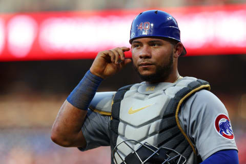 PHILADELPHIA, PA – JULY 23: Willson Contreras #40 of the Chicago Cubs adjusts his ear piece to communicate to the pitcher through PitchCom during a game against the Philadelphia Phillies at Citizens Bank Park on July 23, 2022 in Philadelphia, Pennsylvania. The Cubs defeated the Phillies 6-2 in 10 innings. (Photo by Rich Schultz/Getty Images)