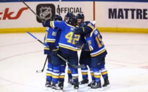 Apr 21, 2016; St. Louis, MO, USA; St. Louis Blues center David Backes (42) celebrates with teammates after scoring a goal against the Chicago Blackhawks during the third period in game five of the first round of the 2016 Stanley Cup Playoffs at Scottrade Center. Mandatory Credit: Billy Hurst-USA TODAY Sports