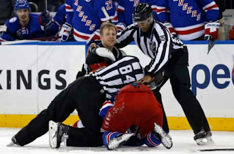 Feb 5, 2017; New York, NY, USA; Calgary Flames right wing Kris Versteeg (10) smiles after fighting with New York Rangers right wing Pavel Buchnevich (89) during the third period at Madison Square Garden. Mandatory Credit: Adam Hunger-USA TODAY Sports