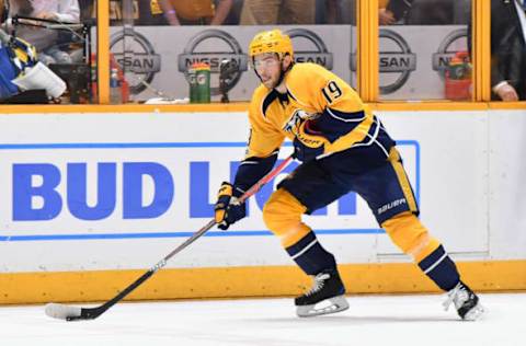 Apr 30, 2017; Nashville, TN, USA; Nashville Predators center Calle Jarnkrok (19) looks to pass the puck against the St. Louis Blues in game three of the second round of the 2017 Stanley Cup Playoffs at Bridgestone Arena. Mandatory Credit: Christopher Hanewinckel-USA TODAY Sports