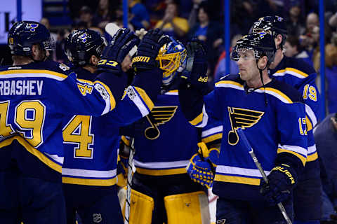 Mar 27, 2017; St. Louis, MO, USA; St. Louis Blues left wing Jaden Schwartz (17) is congratulated by right wing Nail Yakupov (64) and center Ivan Barbashev (49) after the Blues defeats the Arizona Coyotes at Scottrade Center. The Blues won 4-1. Mandatory Credit: Jeff Curry-USA TODAY Sports