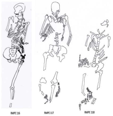 Field drawing of the skeletons. The arrow points to one of the men's right hand lying below his left elbow.