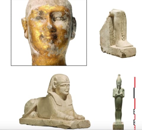 Main artifacts discovered: top left: male head; top right: lower part of the limestone statue of the god Ptah; bottom left: limestone sphinx; bottom right: small statue of Osiris.