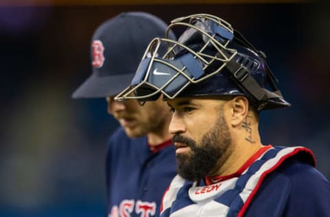 TORONTO, ON – MAY 11: Boston Red Sox catcher Sandy Leon (3) sets to take on the Toronto Blue Jays on May 11, 2018, at Rogers Centre in Toronto, ON, Canada. (Photo by Kevin Sousa/Icon Sportswire via Getty Images)