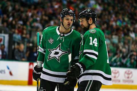 DALLAS, TX – NOVEMBER 18: Dallas Stars right wing Alexander Radulov (47) and left wing Jamie Benn (14) waits for play to begin during the game between the Dallas Stars and the Edmonton Oilers on November 18, 2017 at the American Airlines Center in Dallas, Texas. Dallas defeats Edmonton 6-3.The Stars defeat the Oilers 6-3. (Photo by Matthew Pearce/Icon Sportswire via Getty Images)