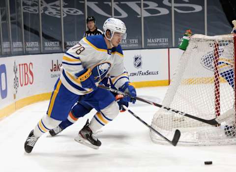 UNIONDALE, NEW YORK – MARCH 04: Jacob Bryson #78 of the Buffalo Sabres skates against the New York Islanders at the Nassau Coliseum on March 04, 2021 in Uniondale, New York. (Photo by Bruce Bennett/Getty Images)