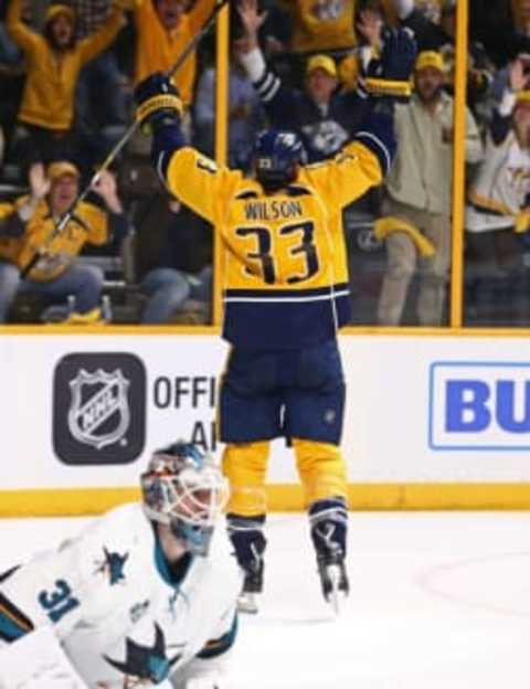 May 9, 2016; Nashville, TN, USA; Nashville Predators center Colin Wilson (33) reacts to scoring the game-tying goal during the third period in game six . Mandatory Credit: Aaron Doster-USA TODAY Sports