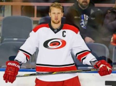 Jan 4, 2016; Edmonton, Alberta, CAN; Carolina Hurricanes forward Eric Staal (12) skates against the Edmonton Oilers at Rexall Place. Mandatory Credit: Perry Nelson-USA TODAY Sports