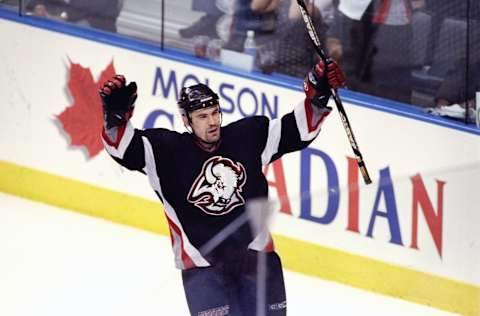 31 May 1999: Brian Holzinger #19 of the Buffalo Sabres celebrates during the game against the Toronto Maple Leafs at the Air Canada Centre in Toronto, Ontario. The Sabres defeated the Maple Leavs 4-2. Mandatory Credit: Elsa Hasch /Allsport